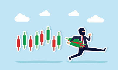 Fototapeta premium Thief stealing part of candlestick chart illustration of market manipulation in stock trading