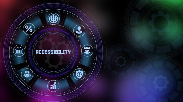 Accessibility concept with digital interface dashboard, inclusive technology icons and connected enterprise system.
