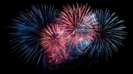 Fototapeta premium Colorful fireworks burst brightly in the night sky. Red and blue sparks light up the darkness. This captivating display is perfect for celebration themes and festive occasions. AI