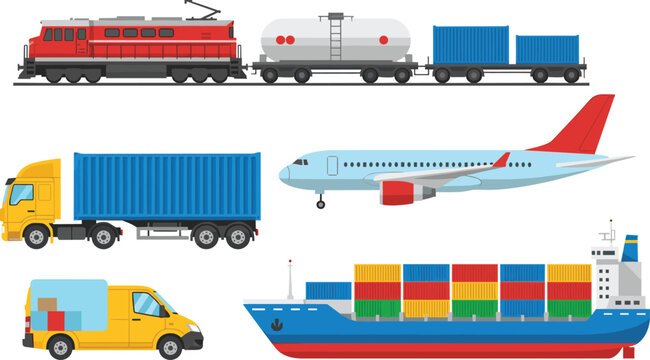 Global Freight Transportation Illustration Set with Cargo Train, Container Truck, Airplane, Delivery Van and Cargo Ship Logistics Vector