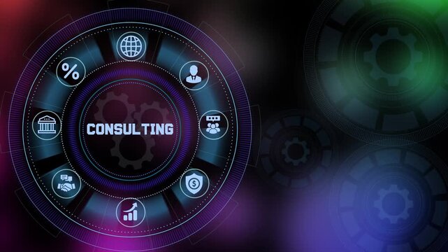 Consulting concept with digital strategy dashboard, analytics icons and enterprise advisory technology solution.