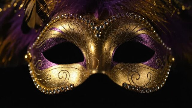 Golden Venetian Mask Closeup on Black Background.