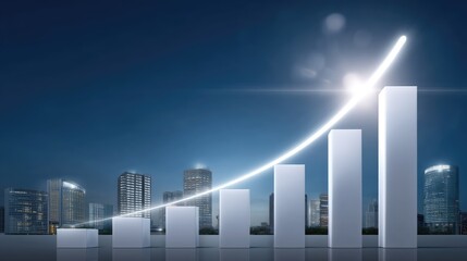Fototapeta premium Rising Bar Graph Visualizing Growth with City Skyline at Night, Symbolizing Business Success and Economic Advancement in Modern Urban Environment