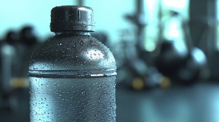 Close-up of a condensation-covered black water bottle, highlighting refreshment and hydration for athletes