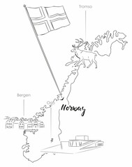 Obraz premium Hand drawn map of Norway with famous city landmarks in black and white