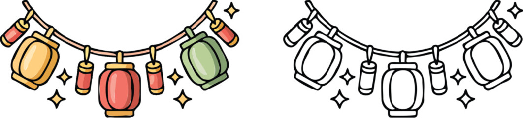 Lantern Illustration and outline set isolated on transparent background