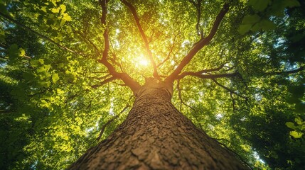 Fototapeta premium Nature's Canopy: An upward perspective of a towering tree, its verdant canopy reaching towards a radiant sun, illustrating the grandeur of the environment.