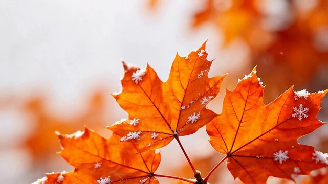 Orange maple leaves with snowflakes