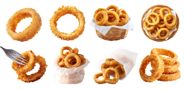 Set of golden fried crispy onion rings calamari squid, battered breaded crunchy, on fork, rattan basket with napkin, takeout paper bag, stack pile, transparent cutout PNG. Many different mockup