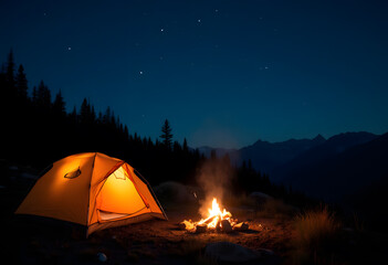 A serene camping scene featuring a brightly lit orange tent beside a crackling campfire, set against a dark blue night sky filled with stars. Perfect for outdoor and adventure themes.