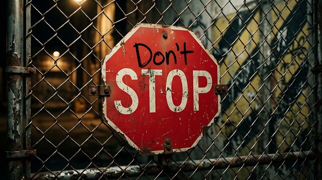 Don't Stop Sign on Metal Wire Fence