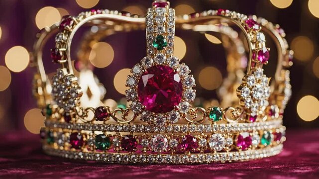 Luxurious gold crown with red ruby and precious gemstones resting on a red velvet surface with bokeh background