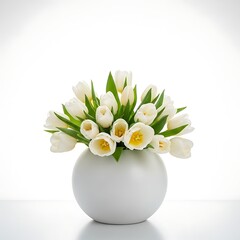 White tulips in a white vase on a white surface
