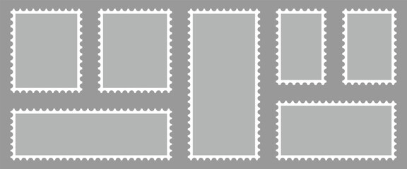 Obraz premium Gray color postage stamp icon set in flat style. Postage stamp vector used for retro branding, vector designs for web backgrounds, digital Interfaces and document tools. Vector illustration.