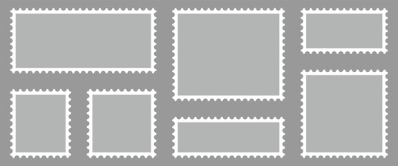 Obraz premium Set of gray blank postage stamps in flat design ideal for creating stamp effect on images, e-commerce and advertising, and digital or physical postal service.