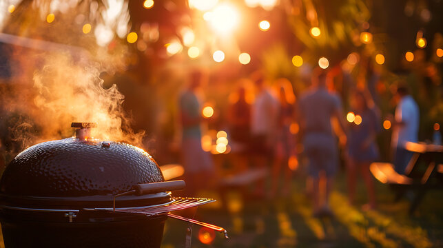 Joyful summer evening backyard barbecue party with smoking grill close up and dreamy fairy lights over blurred crowd ideal for outdoor leisure and beer ads