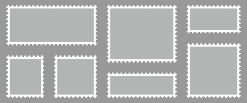 Set of gray blank postage stamps in flat design ideal for creating stamp effect on images, e-commerce and advertising, and digital or physical postal service.
