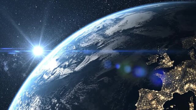 Spinning earth from space with bright sun flare over Europe at night shows city lights and stars in dynamic cosmic orbit celestial motion footage