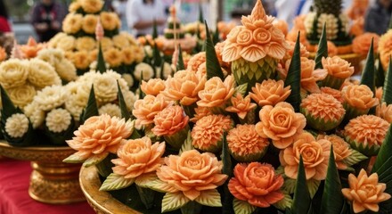 Fototapeta premium Elaborate carved fruit & vegetable displays in various floral and abstract designs