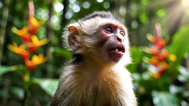 Close-up of a White-Faced Capuchin monkey making a surprised facial expression in a tropical forest