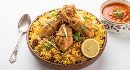 Delicious biryani dish with chicken and rice served with a side of sauce