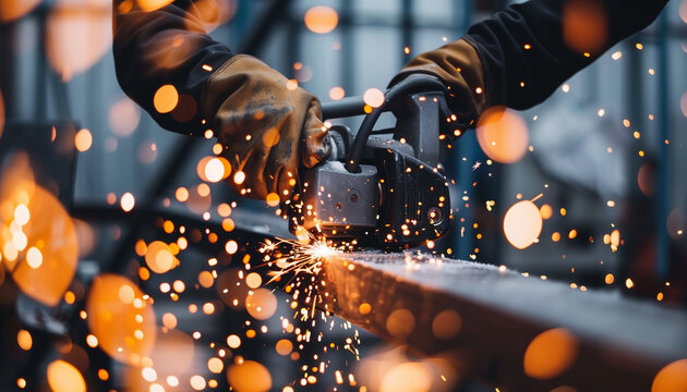 Close up sparks and Technician cutting an iron pipe with a cutter in the factory