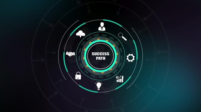 Success path strategy, digital business development icons on HUD interface, corporate networking roadmap, professional growth achievement.