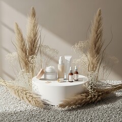 beauty products on white podium with pampas and flowers