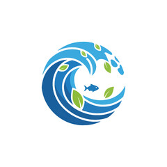 Fototapeta premium Circular blue wave with fish and green leaves icon