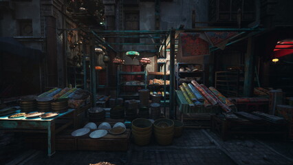 Fototapeta premium dim night market stall lit by lantern glow, silent vendor arranging produce behind counter, rows of fresh produce and woven baskets on wooden counter, colorful