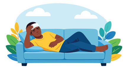 Obraz premium Modern flat illustration of a man depicting a headache for health and medical concepts