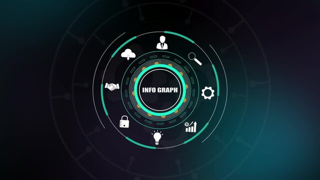 Info graph visualization, digital business data icons on HUD interface, corporate success presentation, professional analytics dashboard.