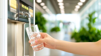 Sustainable Business in Action. Eco-conscious Employee Refilling Glass Bottle at Water Station with "Zero Waste" Poster in Background