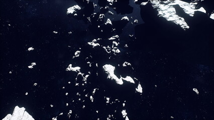 Dark ocean dotted with ice floes, satellite perspective shows stark contrast between deep navy water and bright white ice, evoking remote arctic isolation © icetray