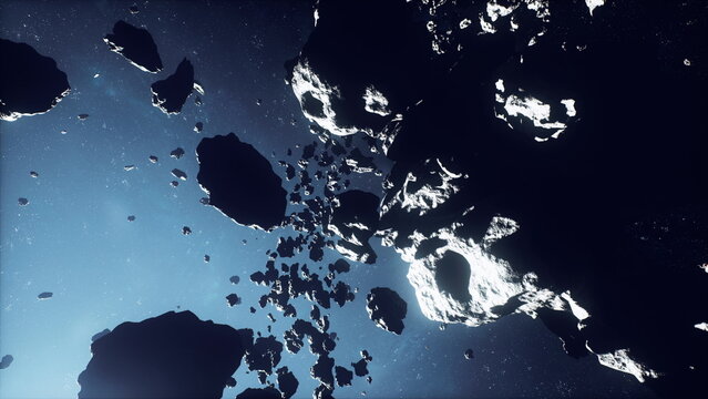 Mining robot examines planetary surface for resources, Luminous asteroid cluster filled with drifting debris and mining device analyzing mineralrich areas