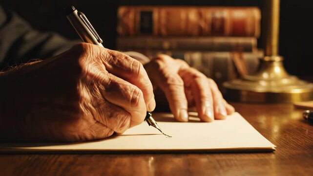 Elderly hands writing with fountain pen