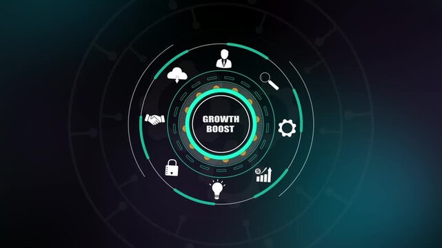 Growth boost strategy, digital business expansion icons on HUD interface, global corporate networking, professional success development.
