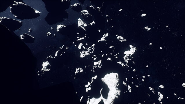 vast asteroid canyon strewn with ice and boulders while mapping drone traces ridgelines, textured surfaces, stark shadows and dramatic scale emphasize rugged