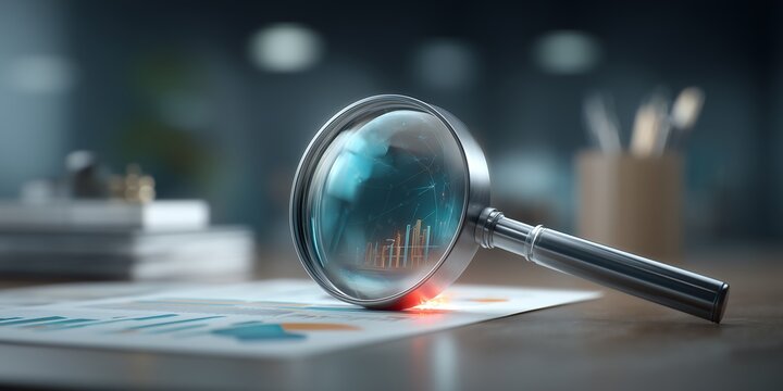 Magnifying glass inspecting financial records representing official audit process ensuring compliance accuracy and organizational transparency standards