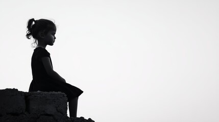 Silhouette of a Young Girl Sitting on a Wall Reflecting on Poverty and Social Issues, Evoking Emotion and Awareness on the Struggles of Families Living Below the Poverty Line
