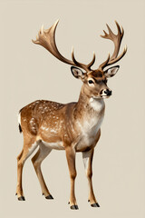 Obraz premium Realistic Illustration of a Majestic Deer with Large Antlers Standing in Profile Against a Neutral Beige Background, Ideal for Wildlife or Nature Themed Designs