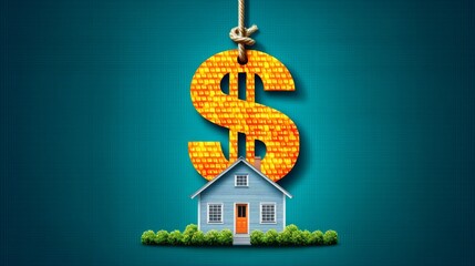 Housing Market Affordability Crisis, Eye-catching Visual of a Small House with a Giant Dollar Sign Hanging Above, Representing Home Pricing and Real Estate Concepts in a Modern Design