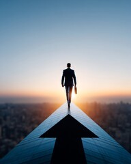 Businessman Walking on a Towering Arrow Towards a Bright Future, Symbolizing Goal Setting and Strategic Success in a Vertical Landscape at Sunset