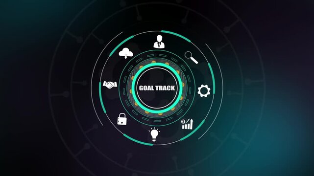 Goal track achievement, digital business progress icons on HUD interface, corporate success roadmap, professional performance monitoring.
