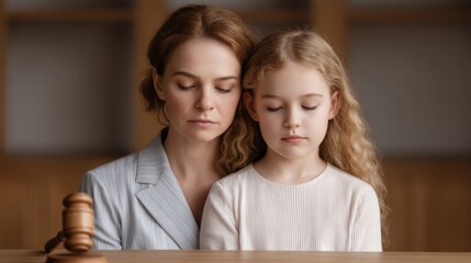 Emotionally Engaged Parent and Child Sharing Moments of Learning About Rules and Fairness in a Serene Environment with a Gavel in the Foreground