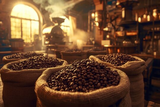 A coffee roaster is shown with bags of coffee beans inside