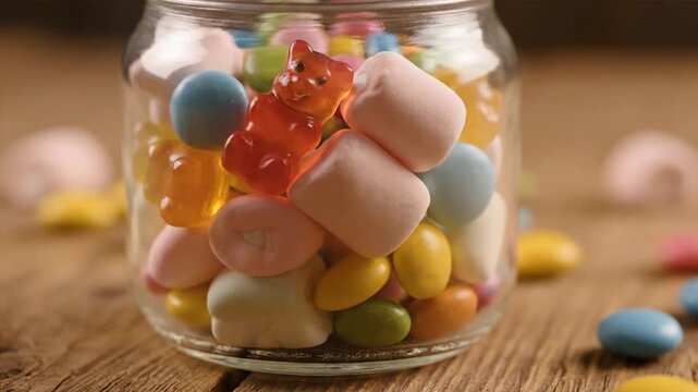 Jar of colorful candies gummy bears marshmallows and sweet treats