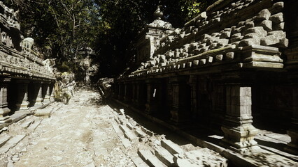 Sunlit stone temple corridor in jungle archaeologist uncovering carved reliefs moss covered steps warm golden light streaming through canopy dust motes