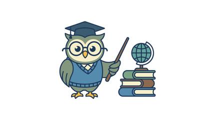 Obraz premium Owl Professor with pointer, books, globe. Education, wisdom, knowledge concept. Flat cartoon vector. Isolated, scalable.