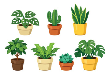 Modern flat design houseplant set featuring various indoor plants like monstera, cactus, and snake plant for home and garden decoration